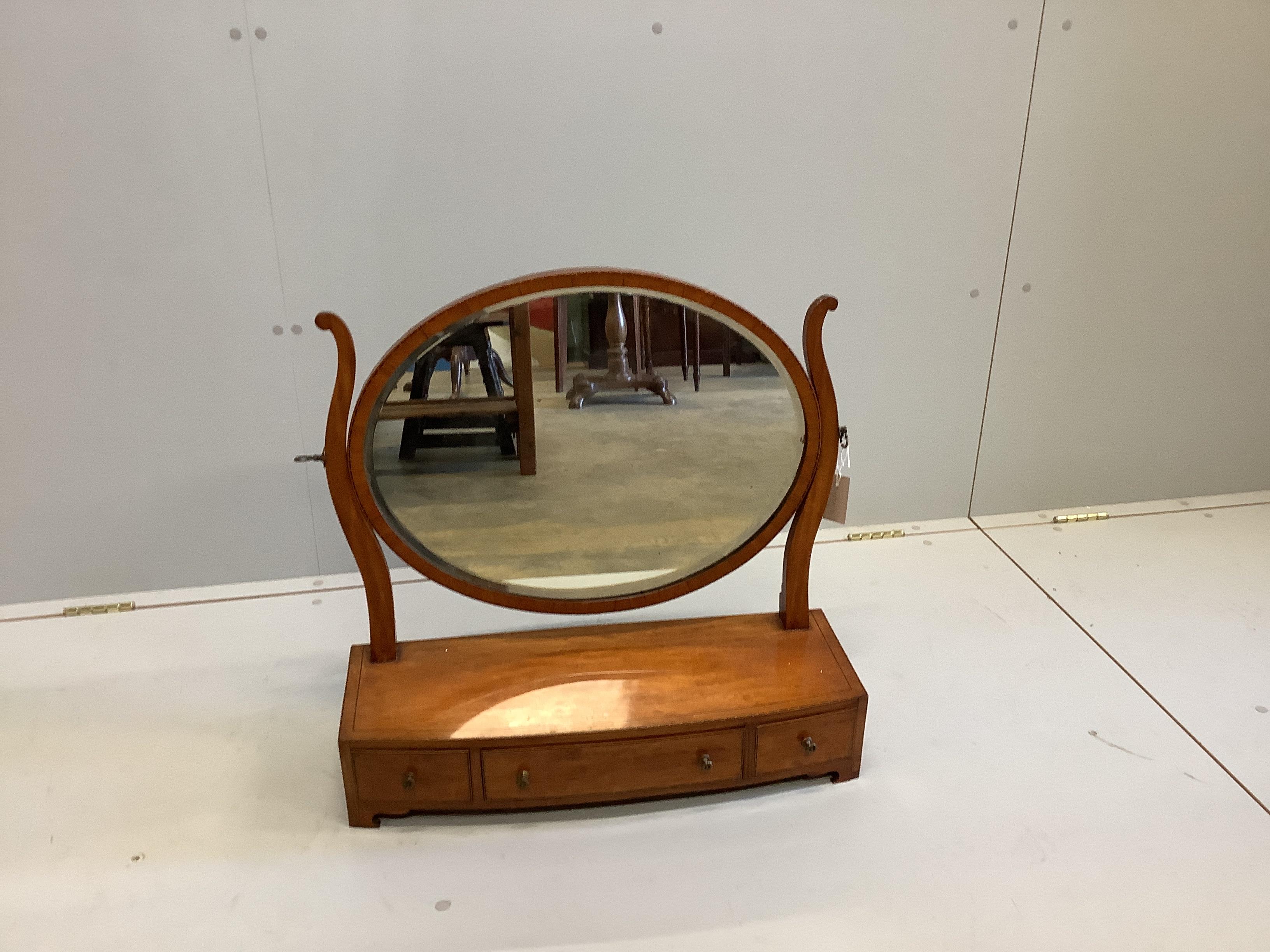 An Edwardian satinwood box base toilet mirror, width 66cm, depth 23cm, height 64cm